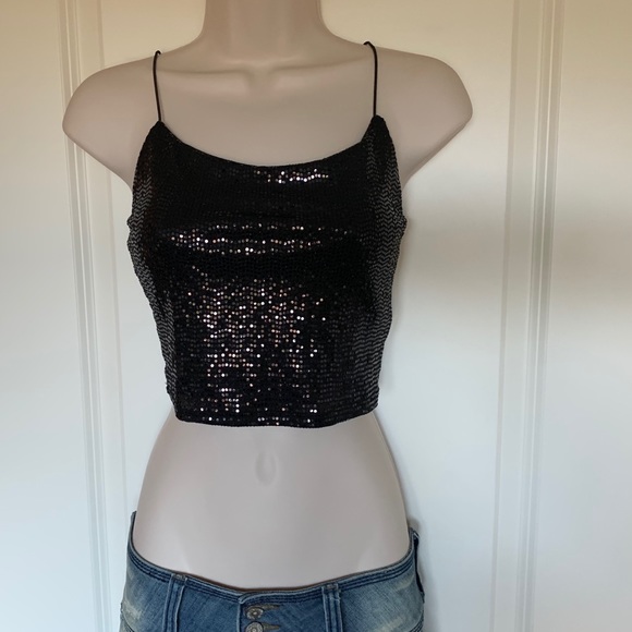 NWT Black Shiny Low Cut Busty Crop Metallic Hologram Festival Tank Top - Picture 11 of 12